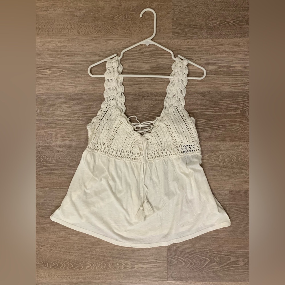 Lucky Brand Cream Crochet Lace-Up Tank Top